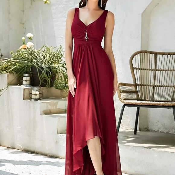 slim fit dress slacks Navy Blue Elegant V Neck A Line Ruffle Sleeves Pleated High Low Wedding Guest Dresses, 6